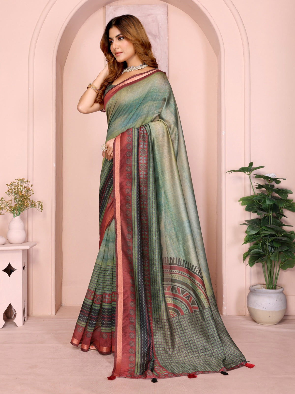 Green Maroon Chanderi Printed Saree India for Women