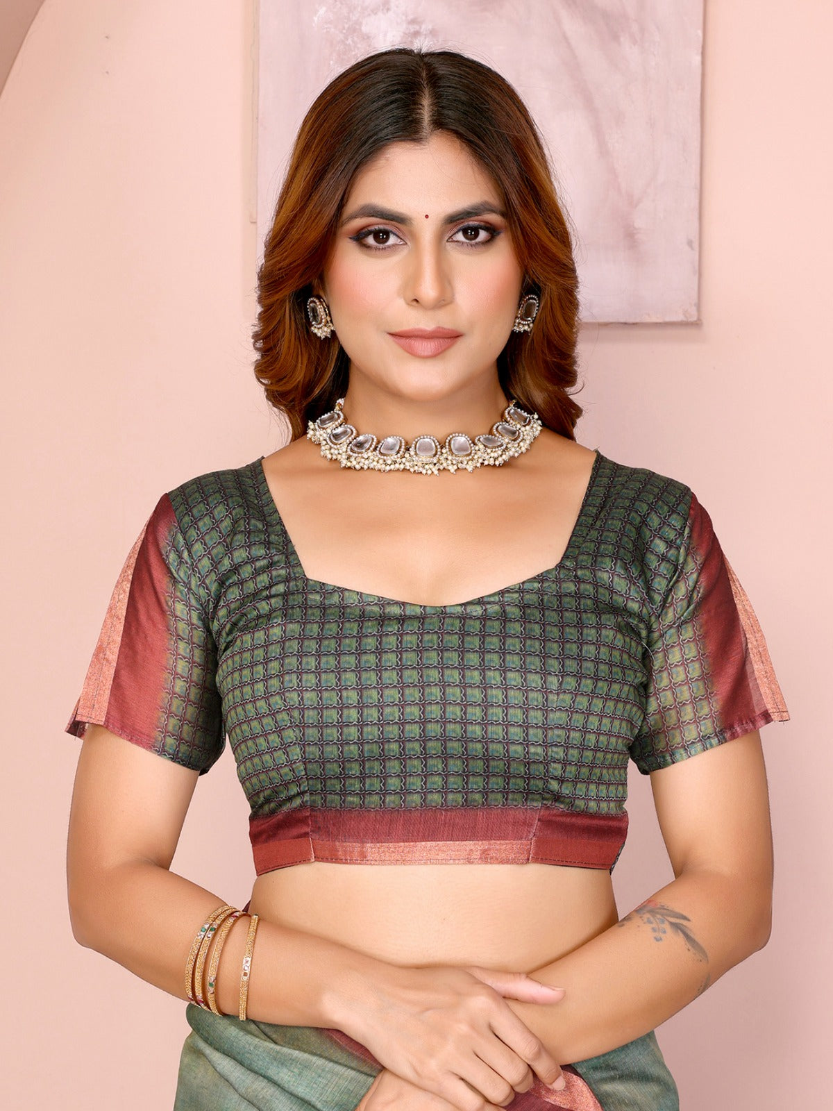 Green Maroon Chanderi Printed Saree India for Women