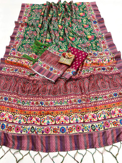 Green Floral Pashmina Saree With Shawl &amp; Blouse Piece for Women