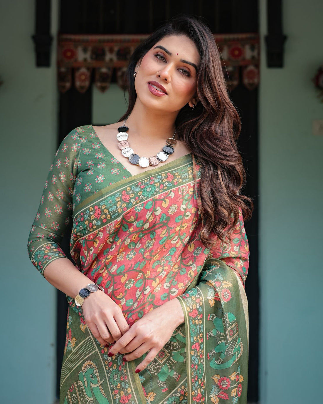 Green Pink Printed Handloom Saree With Blouse Piece for Women