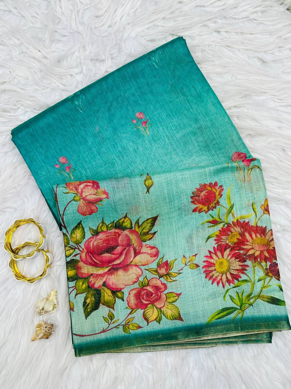 Teal Green Floral Printed Linen Tissue Saree for Women