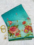 Teal Green Floral Printed Linen Tissue Saree for Women