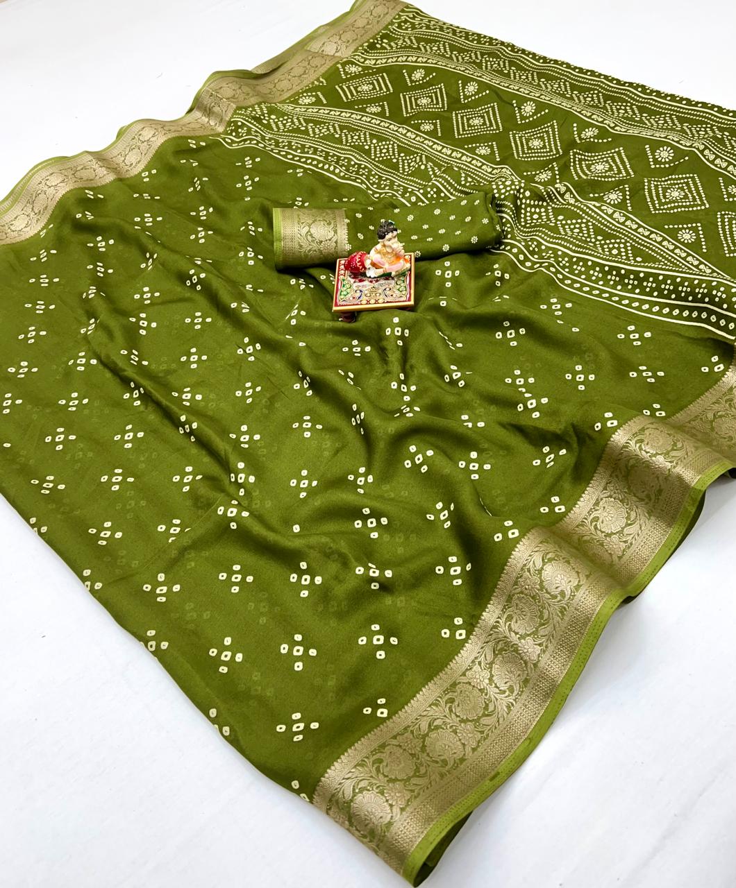 Olive Green Printed Moss Georgette Saree With Zari for Women