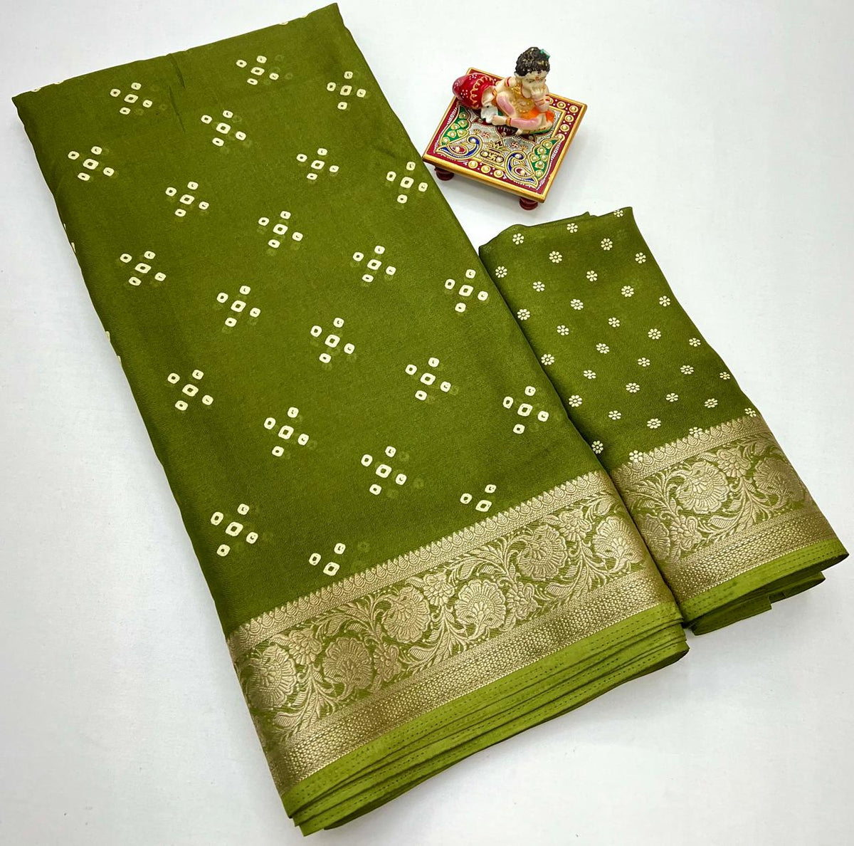 Olive Green Printed Moss Georgette Saree With Zari for Women