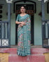 Teal Green Floral Printed Pure Linen Saree with Blouse for Women