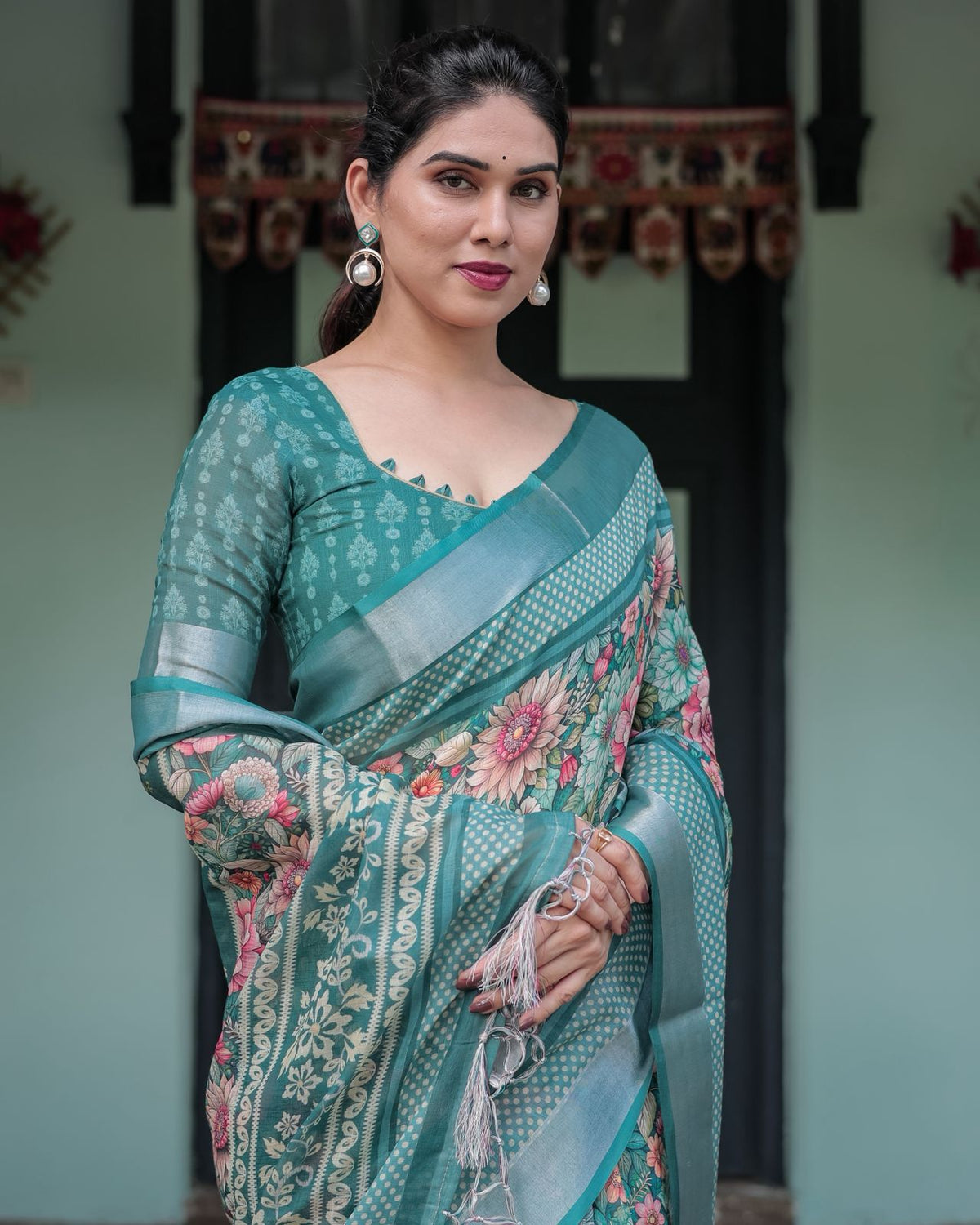 Teal Green Floral Printed Pure Linen Saree with Blouse for Women