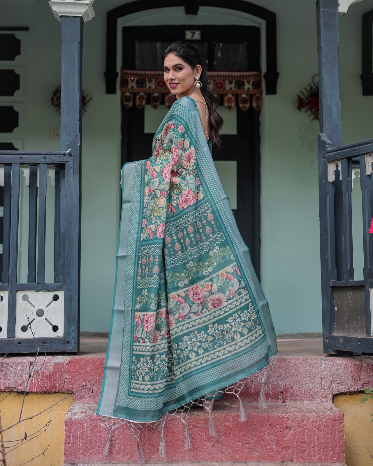 Teal Green Floral Printed Pure Linen Saree with Blouse