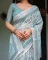 Pastel Green Pure Linen Printed Saree with Tassels for Women