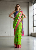 Green Kora Silk Saree with Pink Jacquard Border