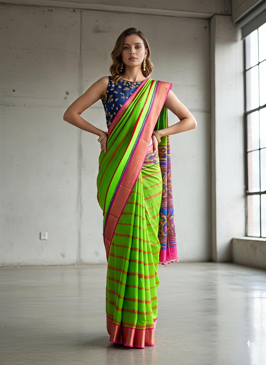 Green Kora Silk Saree with Pink Jacquard Border