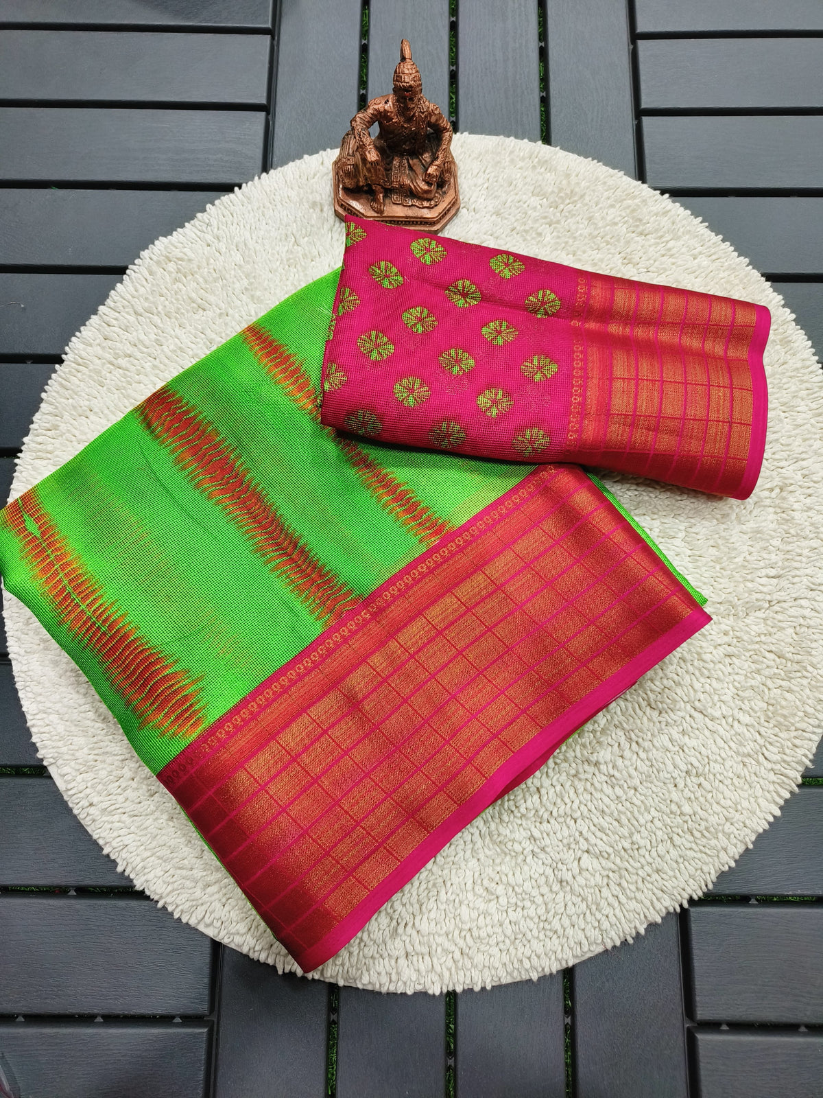 Green Kora Silk Saree with Pink Jacquard Border for Women