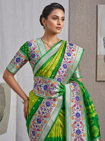 Green Kora Silk Leheriya Saree with Brasso Border for Women