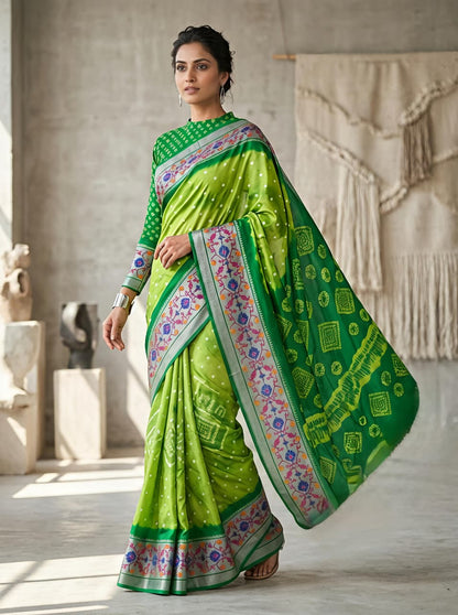Green Kora Silk Leheriya Saree with Brasso Border for Women