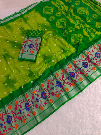 Green Kora Silk Leheriya Saree with Brasso Border for Women