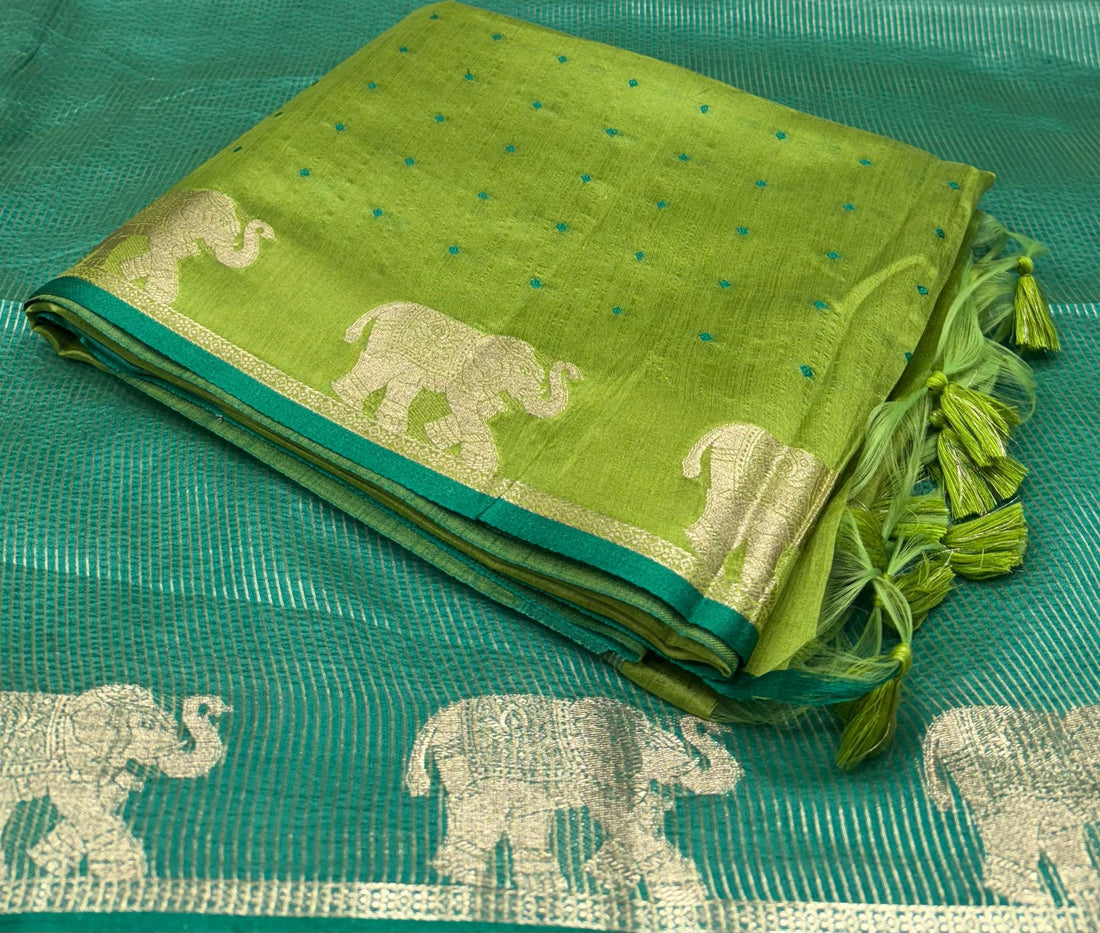 Green Bandhani Silk Saree with Zari Elephant Border for Women