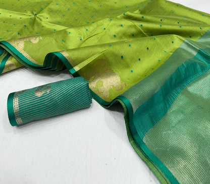 Green Bandhani Silk Saree with Zari Elephant Border for Women