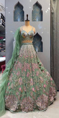 Green Chinon Silk Sequins Embroidered Lehenga Set