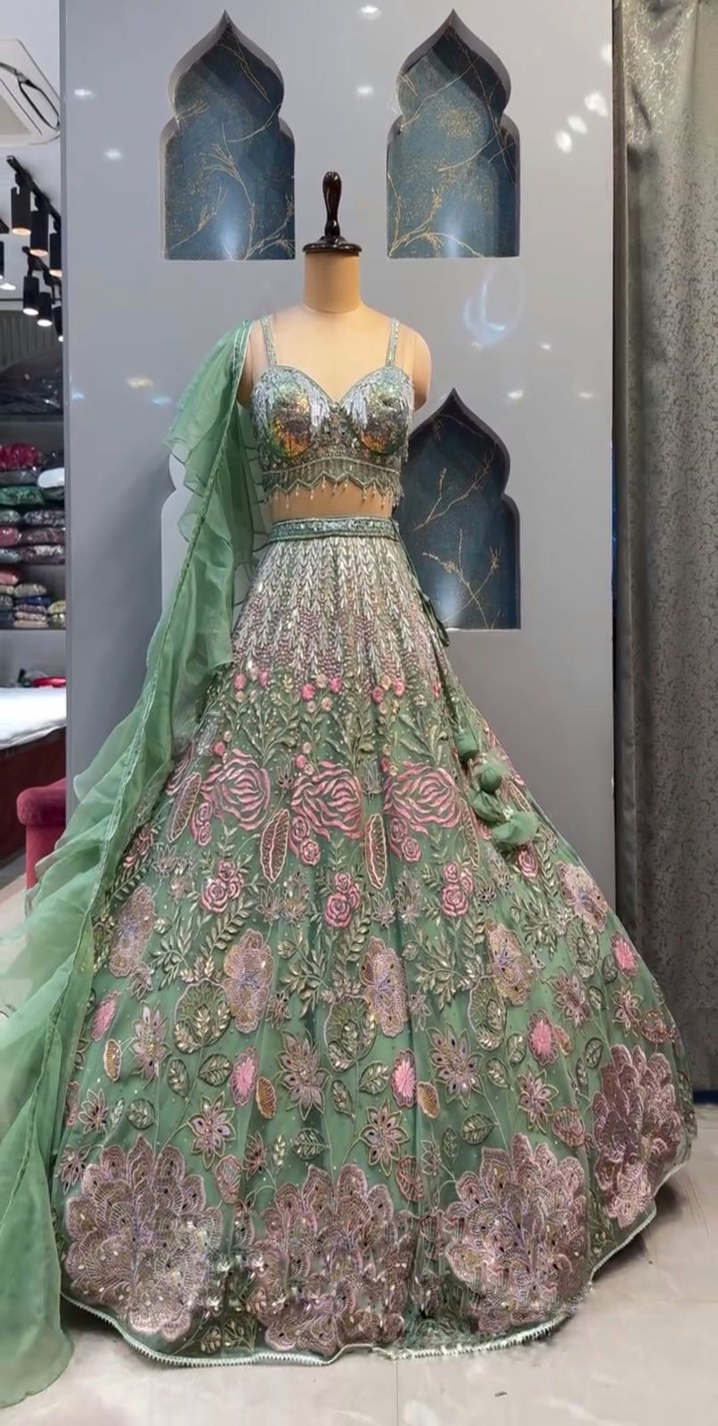 Green Chinon Silk Sequins Embroidered Lehenga Set