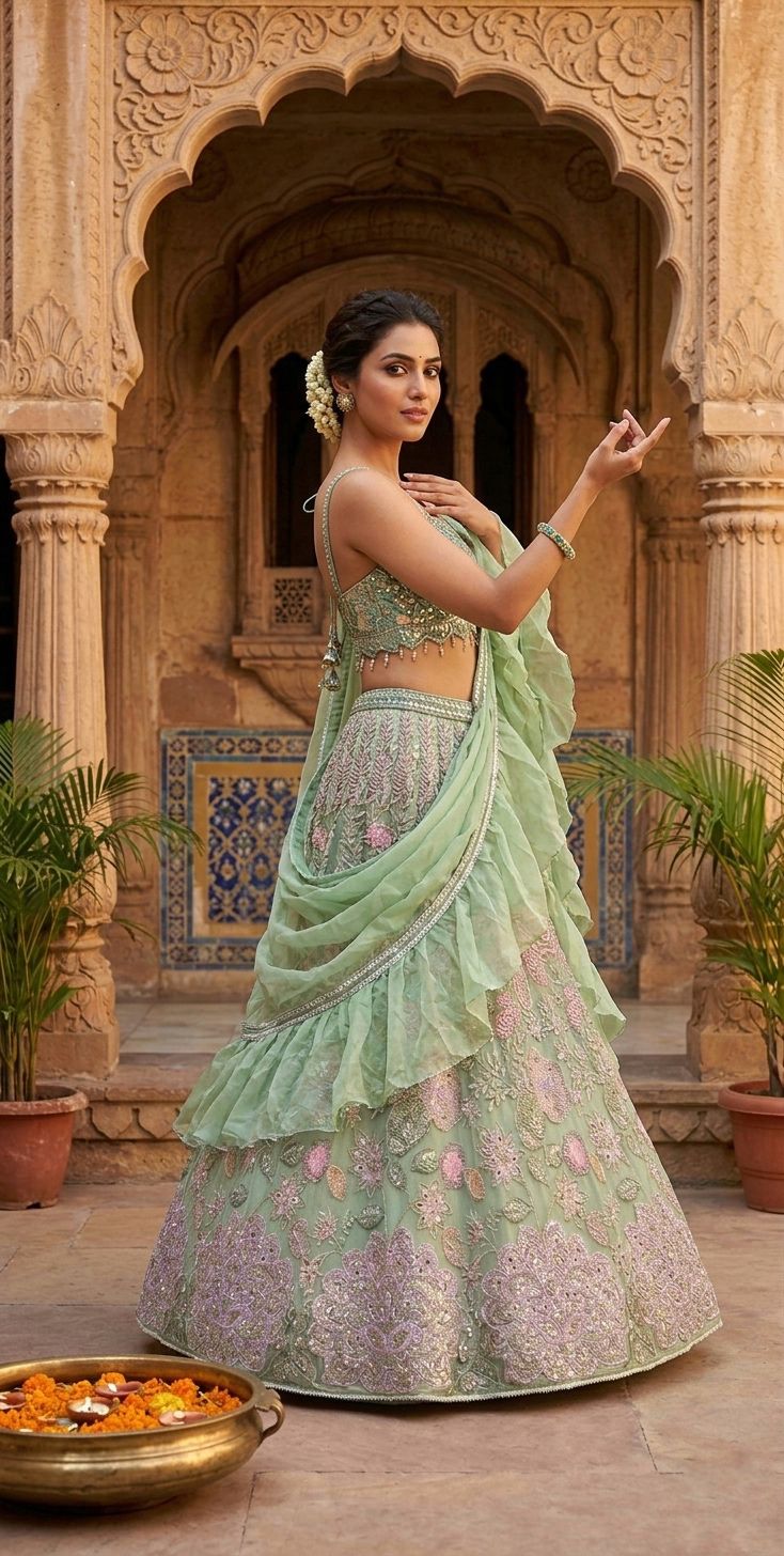 Green Chinon Silk Sequins Embroidered Lehenga Set
