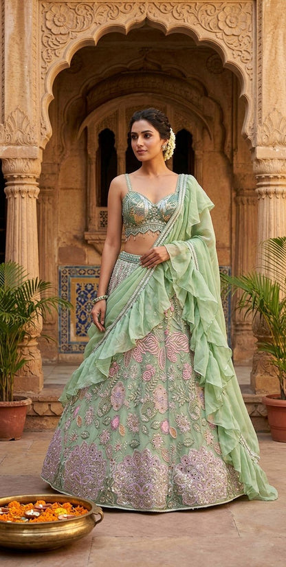Green Chinon Silk Sequins Embroidered Lehenga Set for Women