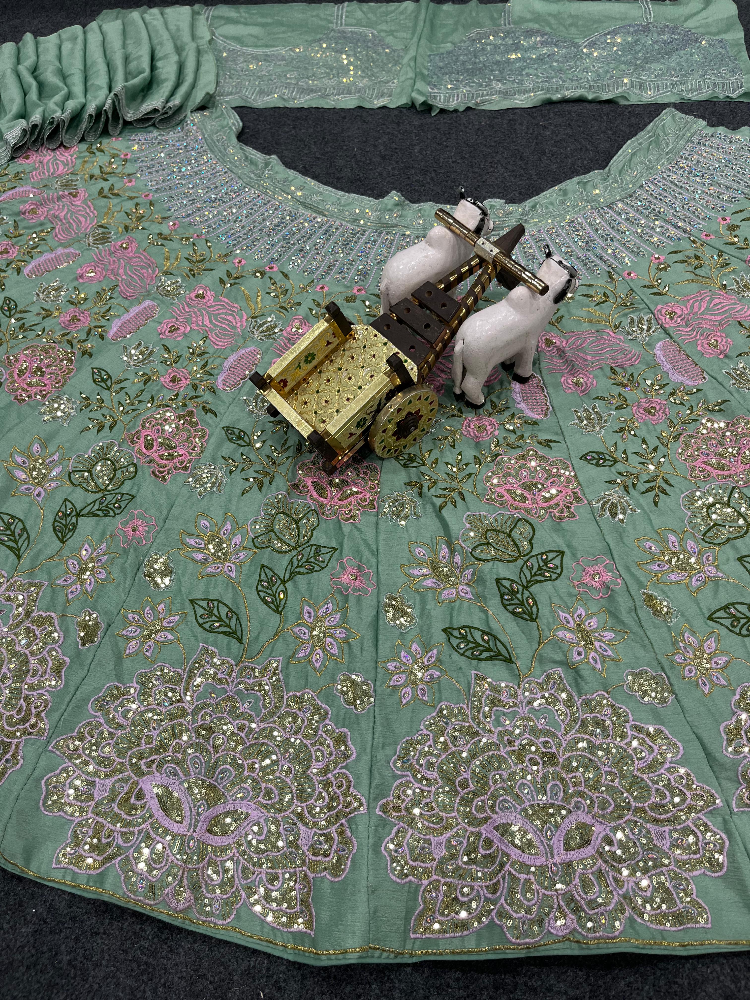 Green Chinon Silk Sequins Embroidered Lehenga Set