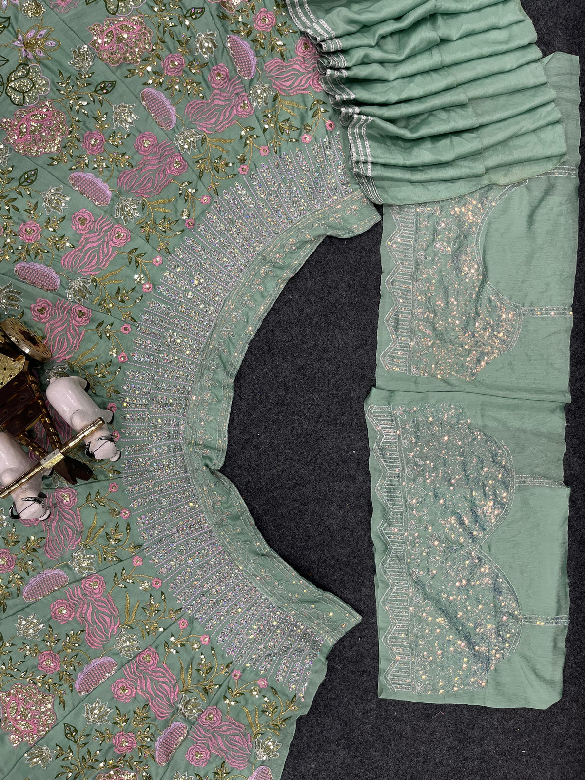 Green Chinon Silk Sequins Embroidered Lehenga Set for Women