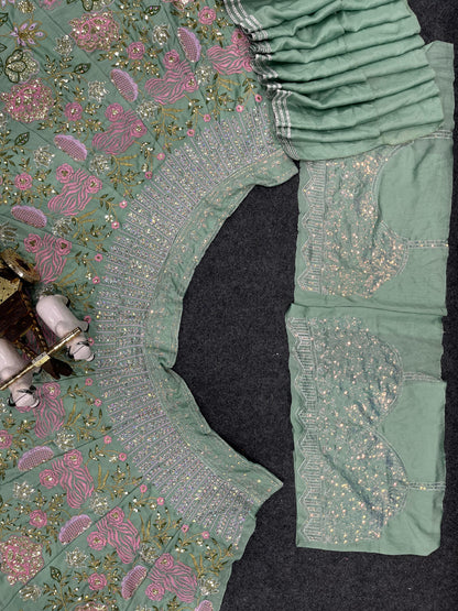 Green Chinon Silk Sequins Embroidered Lehenga Set for Women