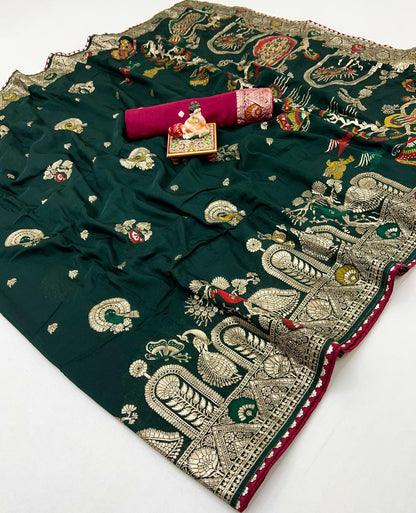 Green Maslin Silk Zari Woven Designer Saree with Blouse for Women