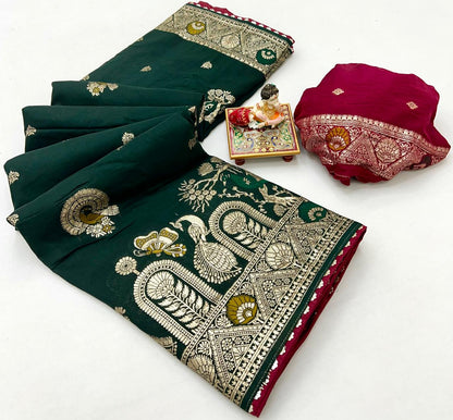 Green Maslin Silk Zari Woven Designer Saree with Blouse for Women