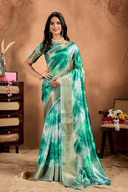 Green Soft Silk Blend Printed Saree with Zari Border for Women