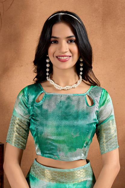 Green Soft Silk Blend Printed Saree with Zari Border for Women