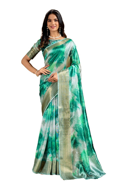 Green Soft Silk Blend Printed Saree with Zari Border for Women
