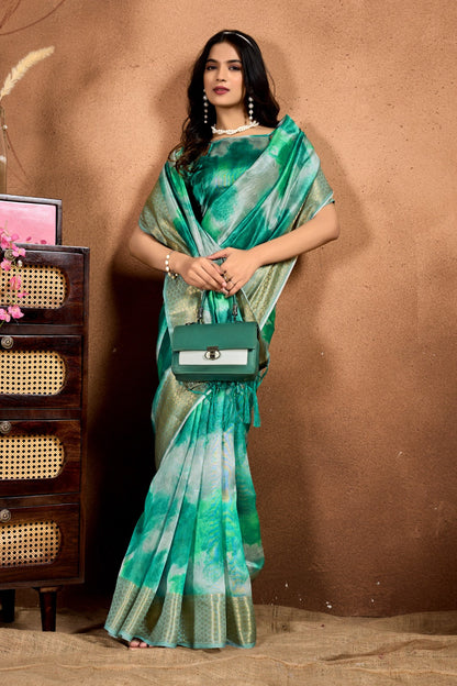 Green Soft Silk Blend Printed Saree with Zari Border for Women