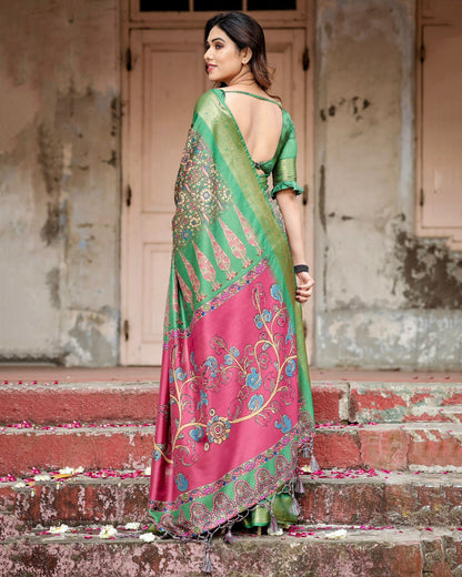 Green Mughal Print Tussar Silk Saree with Zari Border for Women