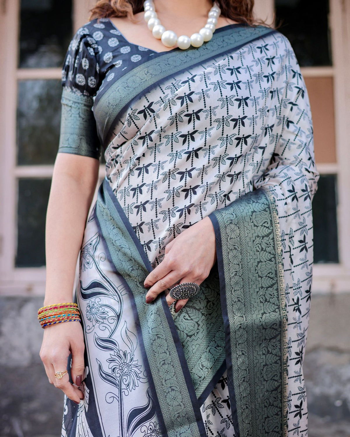 Grey Banarasi Silk Saree with Dragonfly Design for Women
