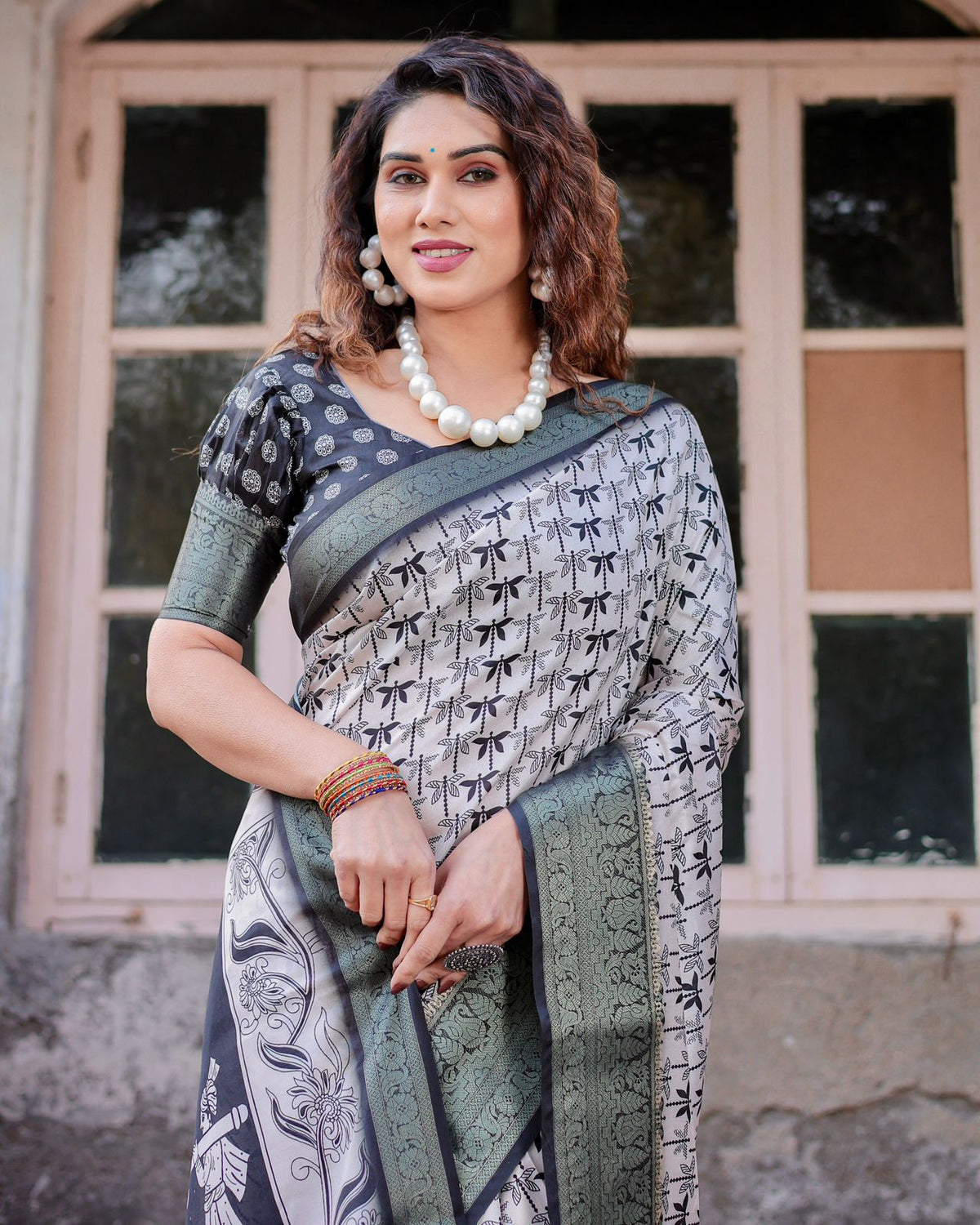 Grey Banarasi Silk Saree with Dragonfly Design for Women