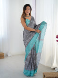 Grey Blue Designer Chinon Saree for Women