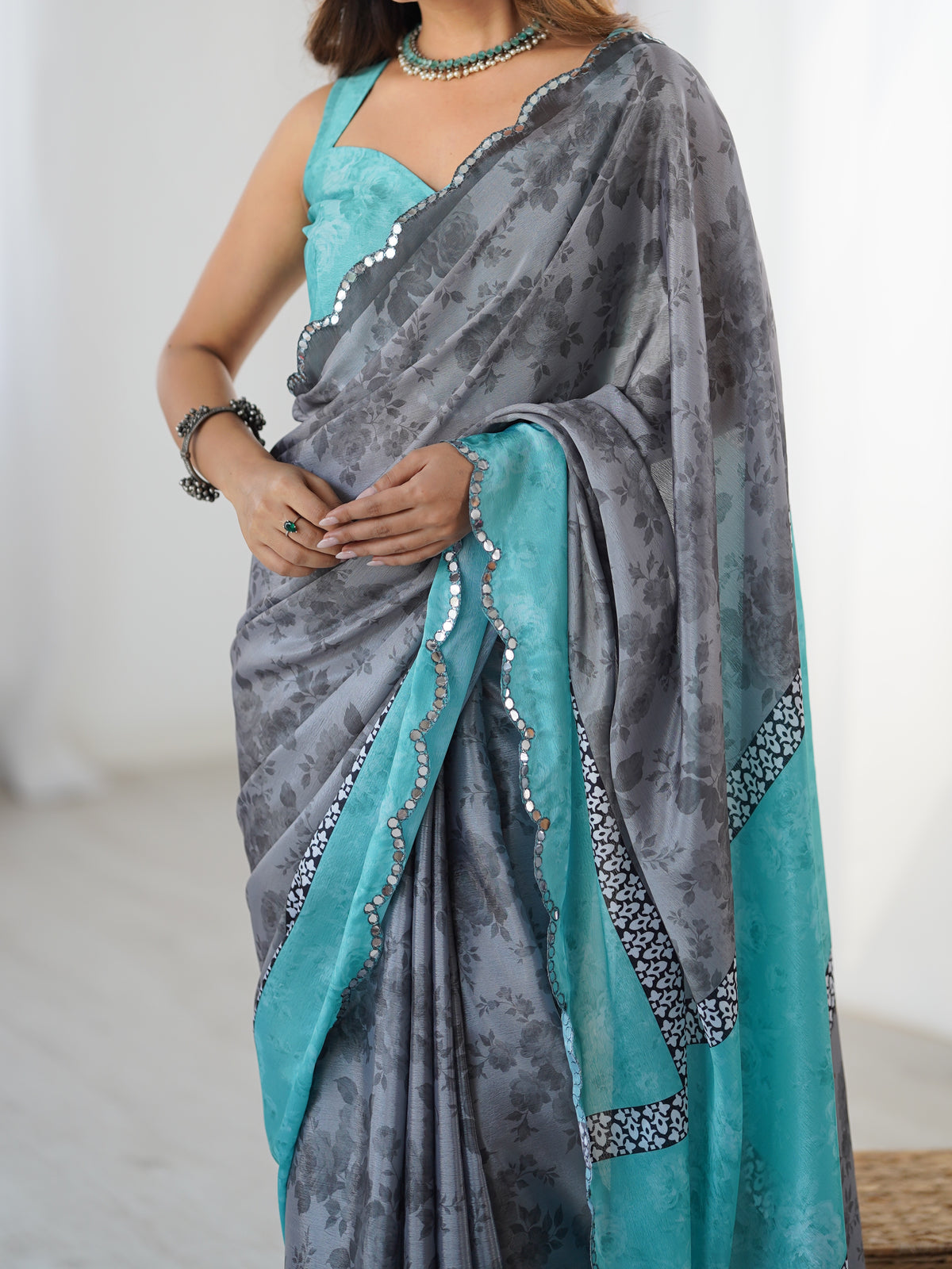Grey Blue Designer Chinon Saree for Women