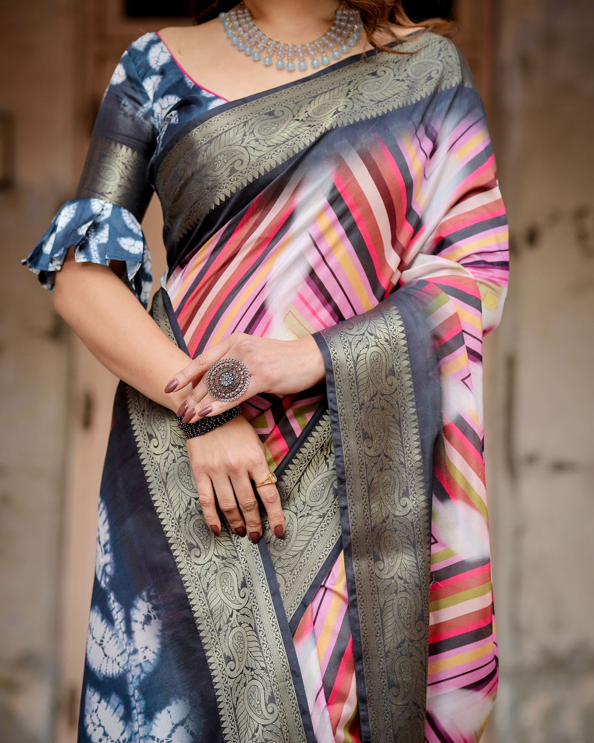 Charcoal Grey Designer Tussar Silk Striped Saree for Women