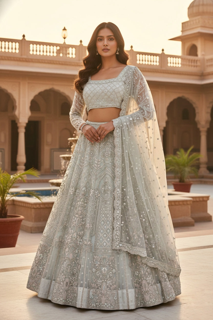 Pastel Grey Embroidered Butterfly Net Lehenga Set