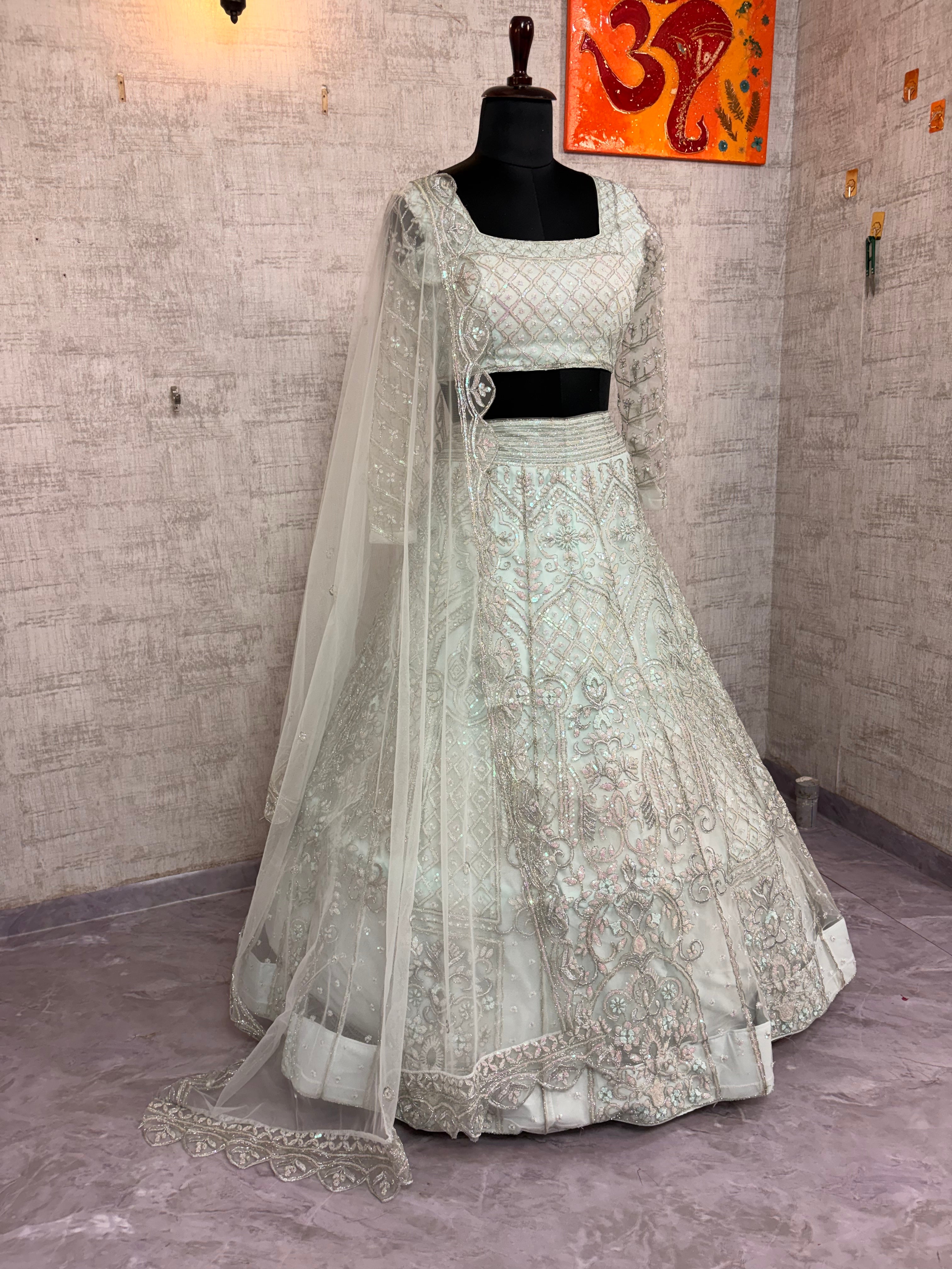 Pastel Grey Embroidered Butterfly Net Lehenga Set