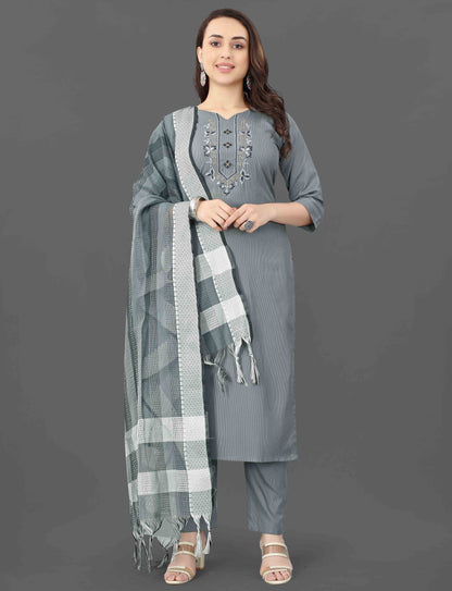 Grey Embroidered Kurta Pant Dupatta Set 2 for Women