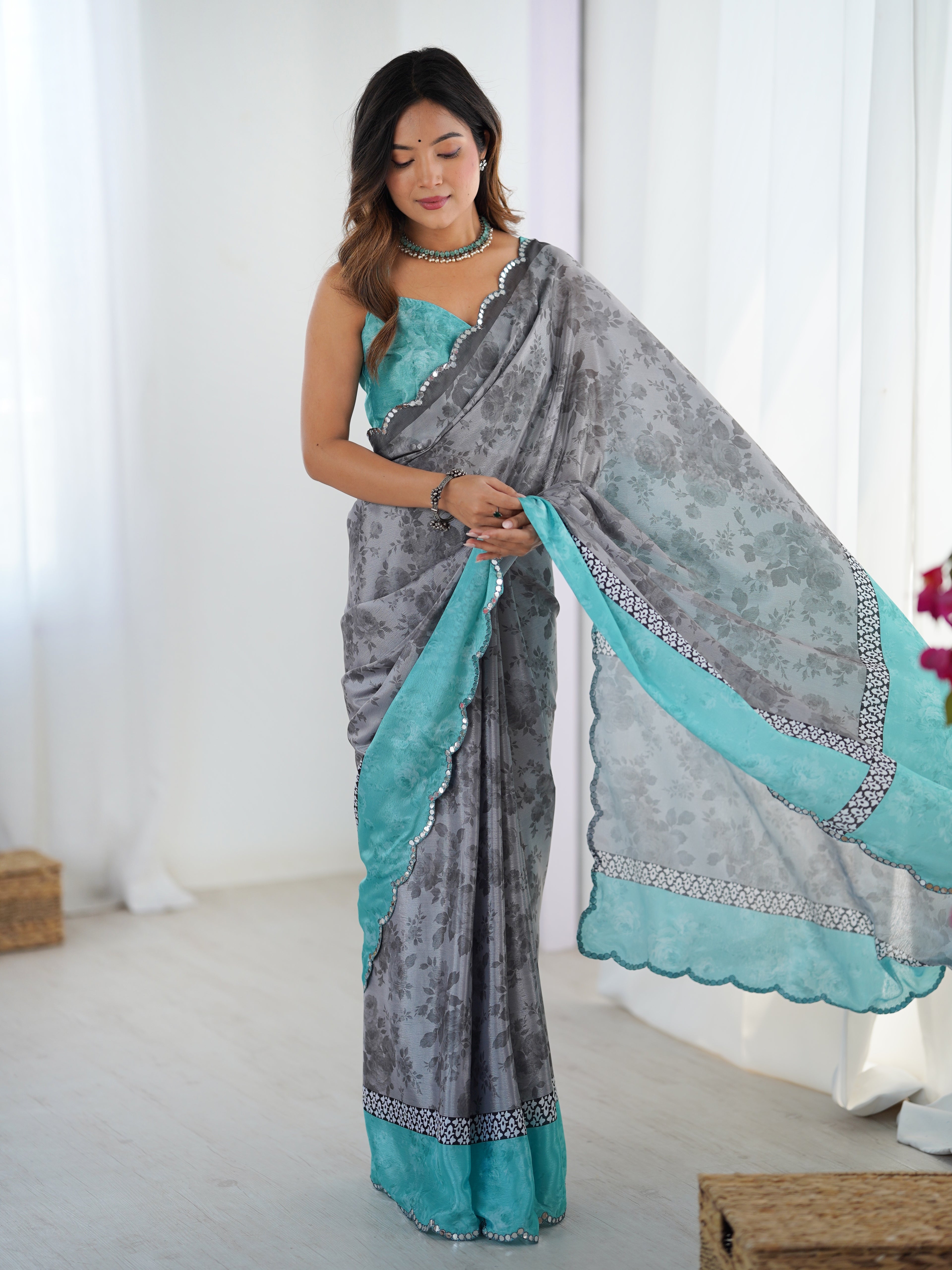 Grey Floral Heavy Chinnon Saree with Kutchi Mirror Lace