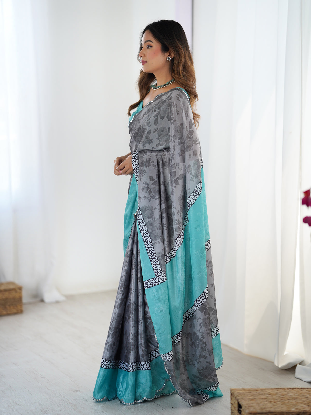 Grey Floral Heavy Chinnon Saree with Kutchi Mirror Lace for Women