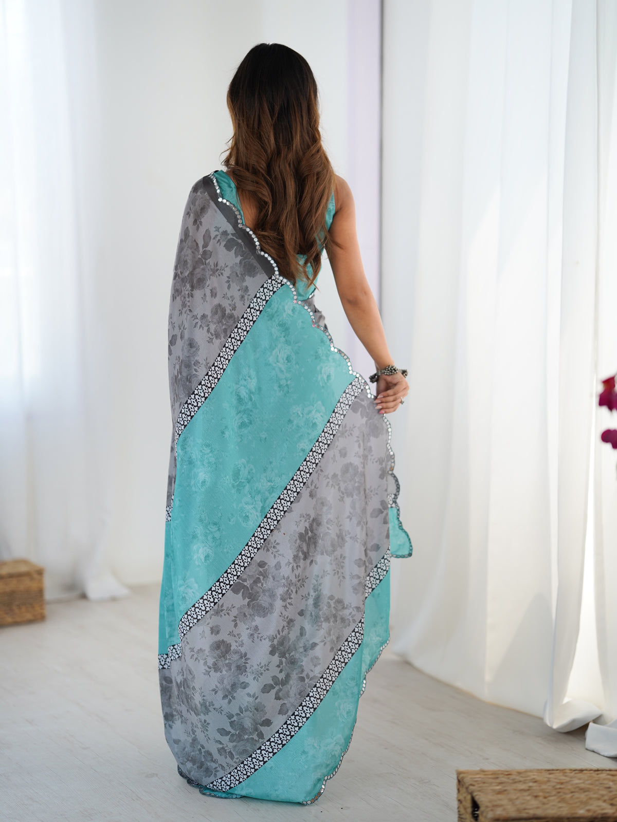 Grey Floral Heavy Chinnon Saree with Kutchi Mirror Lace for Women