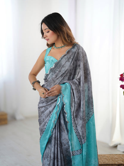 Grey Floral Heavy Chinnon Saree with Kutchi Mirror Lace for Women