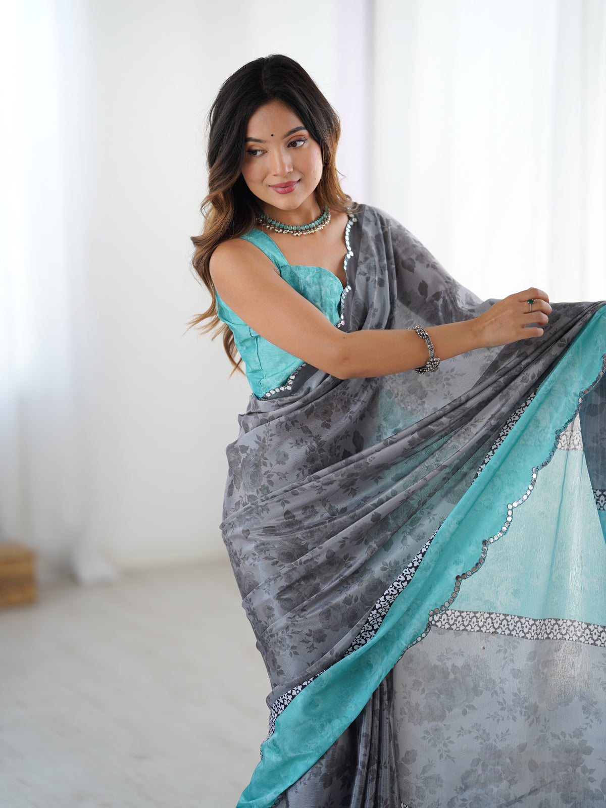 Grey Floral Heavy Chinnon Saree with Kutchi Mirror Lace for Women
