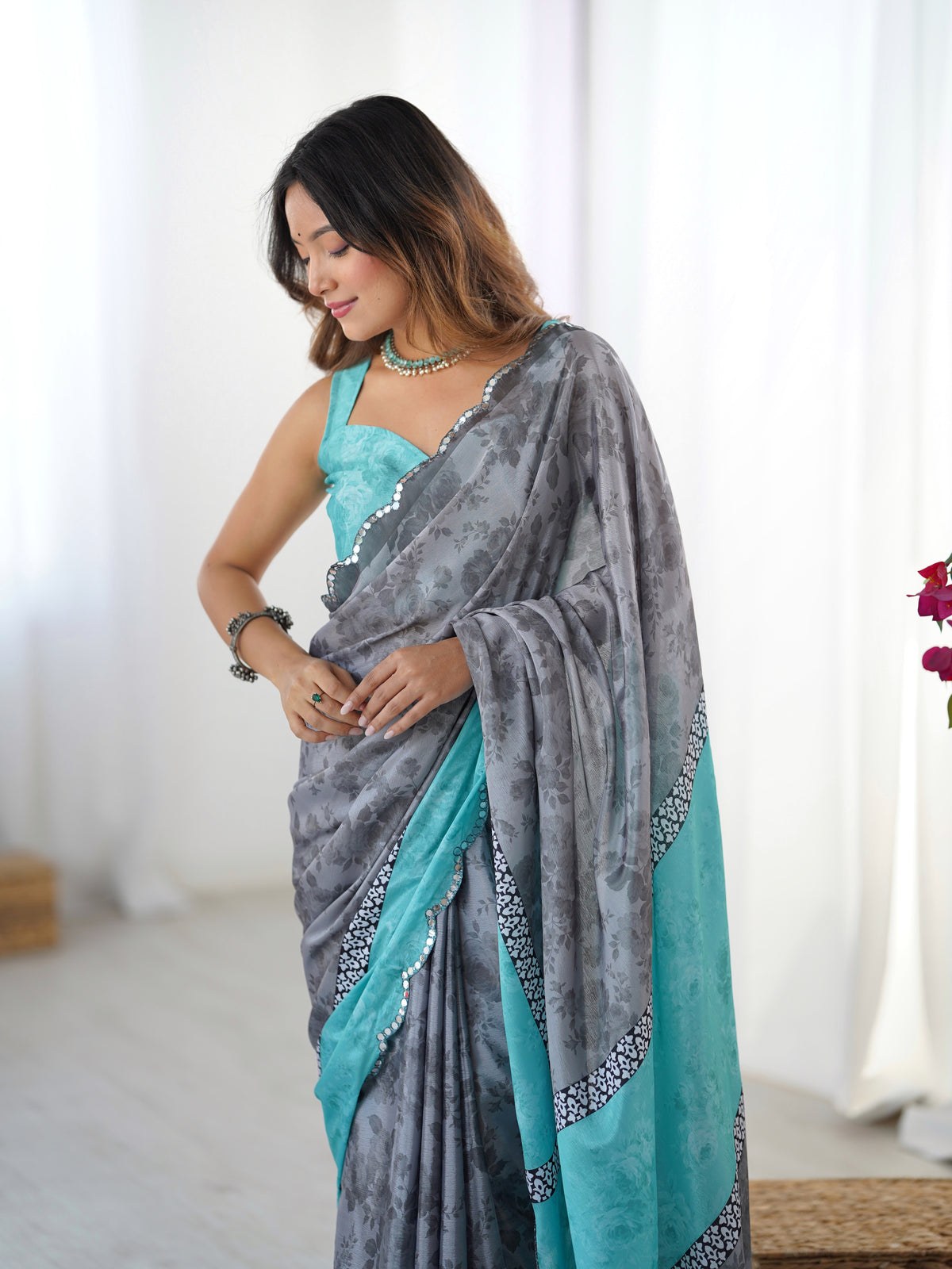 Grey Floral Heavy Chinnon Saree with Kutchi Mirror Lace for Women