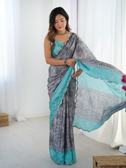 Grey Floral Heavy Chinnon Saree with Kutchi Mirror Lace for Women