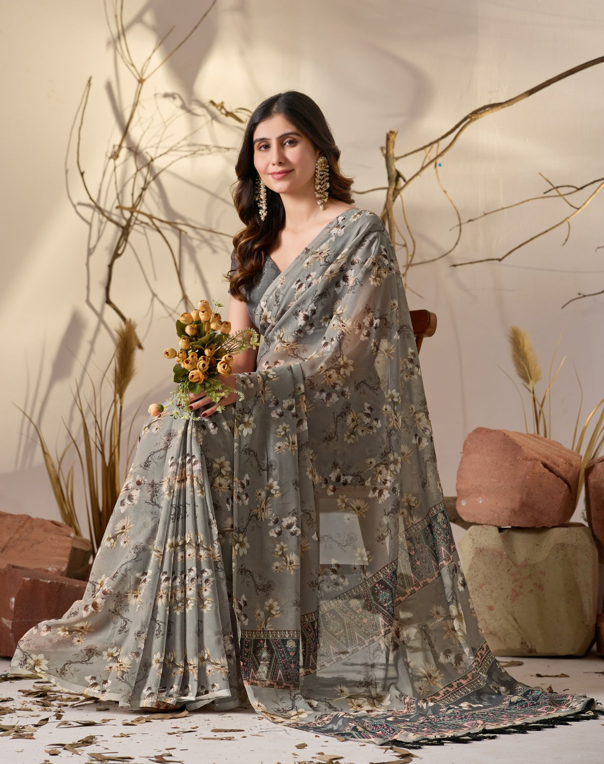 Grey Floral Printed Georgette Saree With Designer Pallu for Women